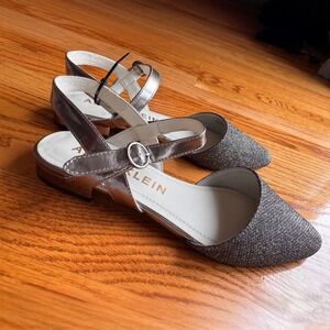 Anne Klein Women Akodell Silver Glitter Pointed Toe Ankle Strap Flats 8M Wedding